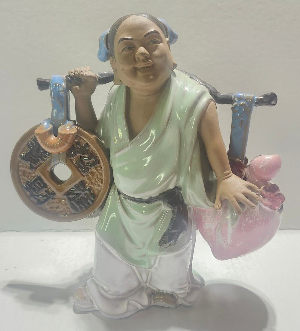 Vintage Chinese Shiwan Style Ceramic Figurine Peach Coin Prosperity 8"